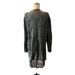 Duster leather‎ Cardigan Patchwork Crochet Olive Green Boho Chic Longline Jacket